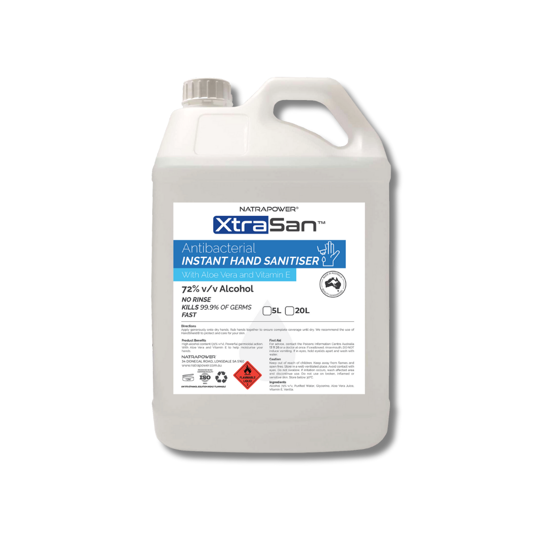 NatraPower XtraSan antibacterial hand sanitiser 5L – 72% alcohol, fragrance free with aloe vera