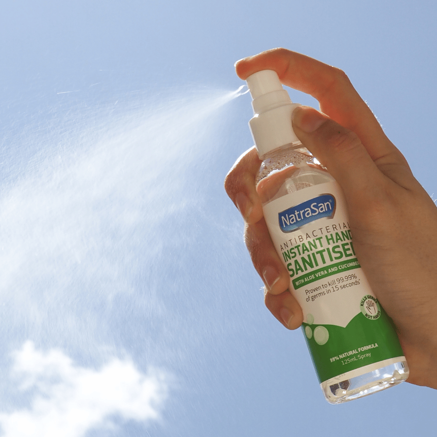 NatraSan Hand Sanitiser with Aloe Vera & Cucumber – antibacterial spray that cleans, hydrates & protects Australian hands.
