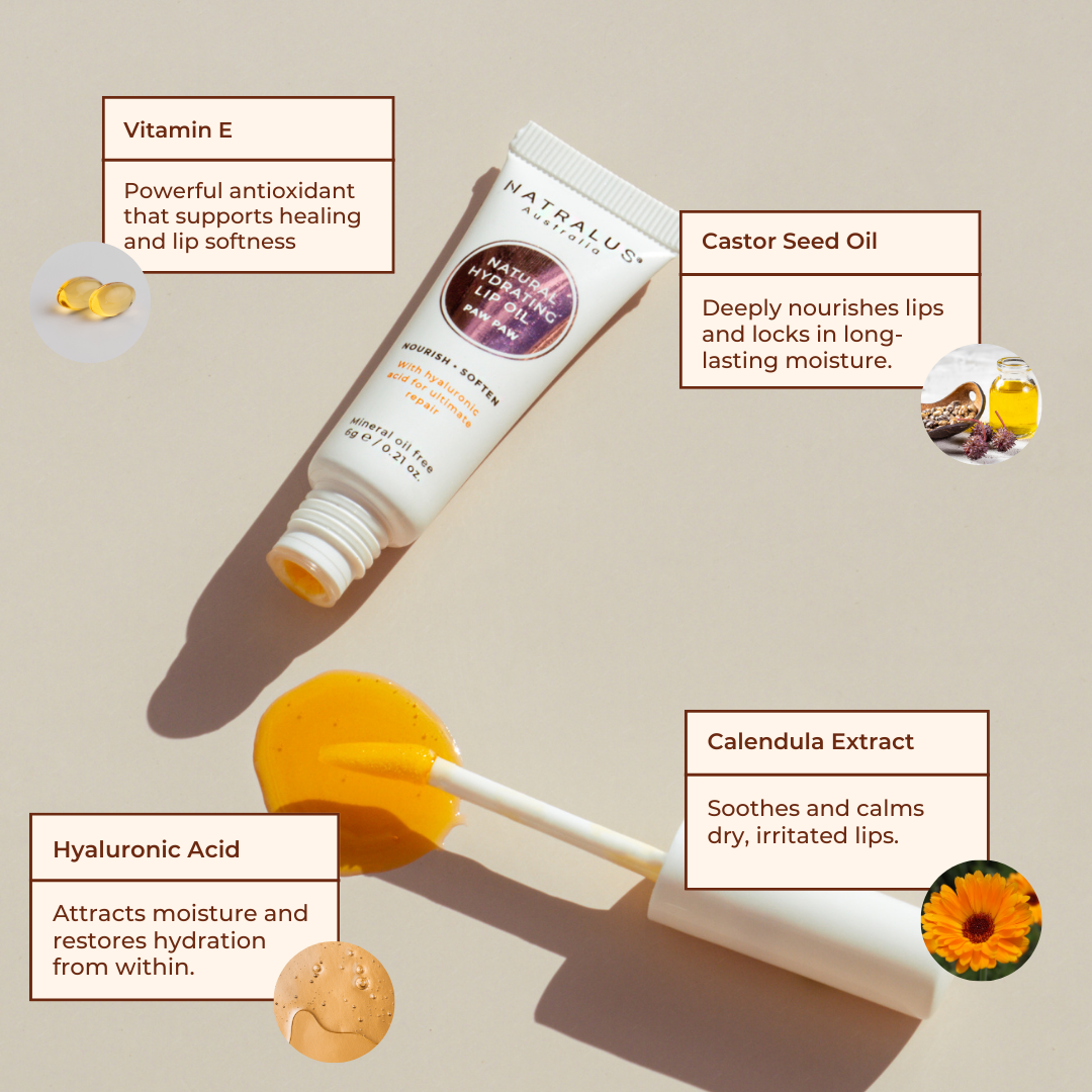 Natralus Natural Hydrating Lip Oil Treatment – Australian natural lip care with hyaluronic acid and botanical oils for soft, nourished, and hydrated lips.