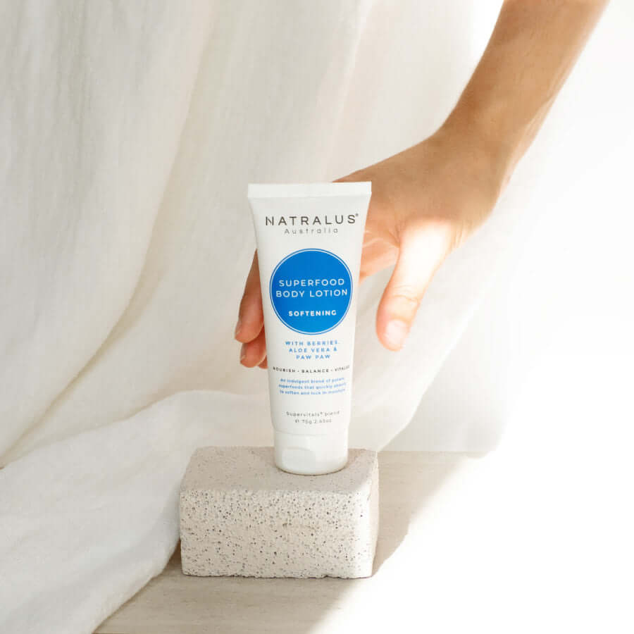 Natralus Superfood Body Lotion – Australian natural aloe vera–based moisturiser with shea butter, jojoba, and paw paw seed oil to hydrate, nourish, and soothe skin for everyday and after-sun care.