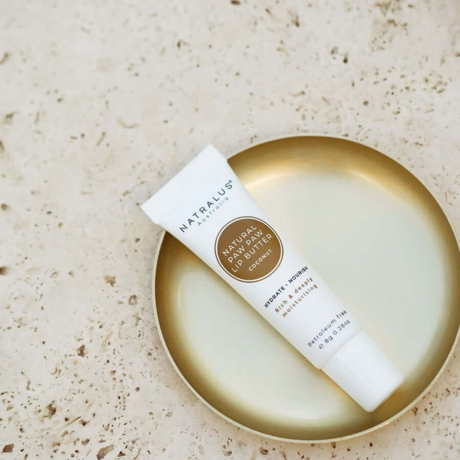 Natralus Natural Paw Paw Lip Butter Coconut – Australian natural lip balm with organic paw paw, shea butter and vitamin E for nourishing hydration and shine.