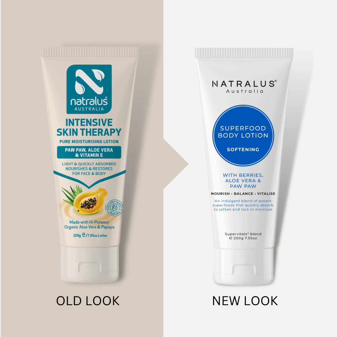 Natralus Superfood Body Lotion – Australian natural aloe vera–based moisturiser with shea butter, jojoba, and paw paw seed oil to hydrate, nourish, and soothe skin for everyday and after-sun care.