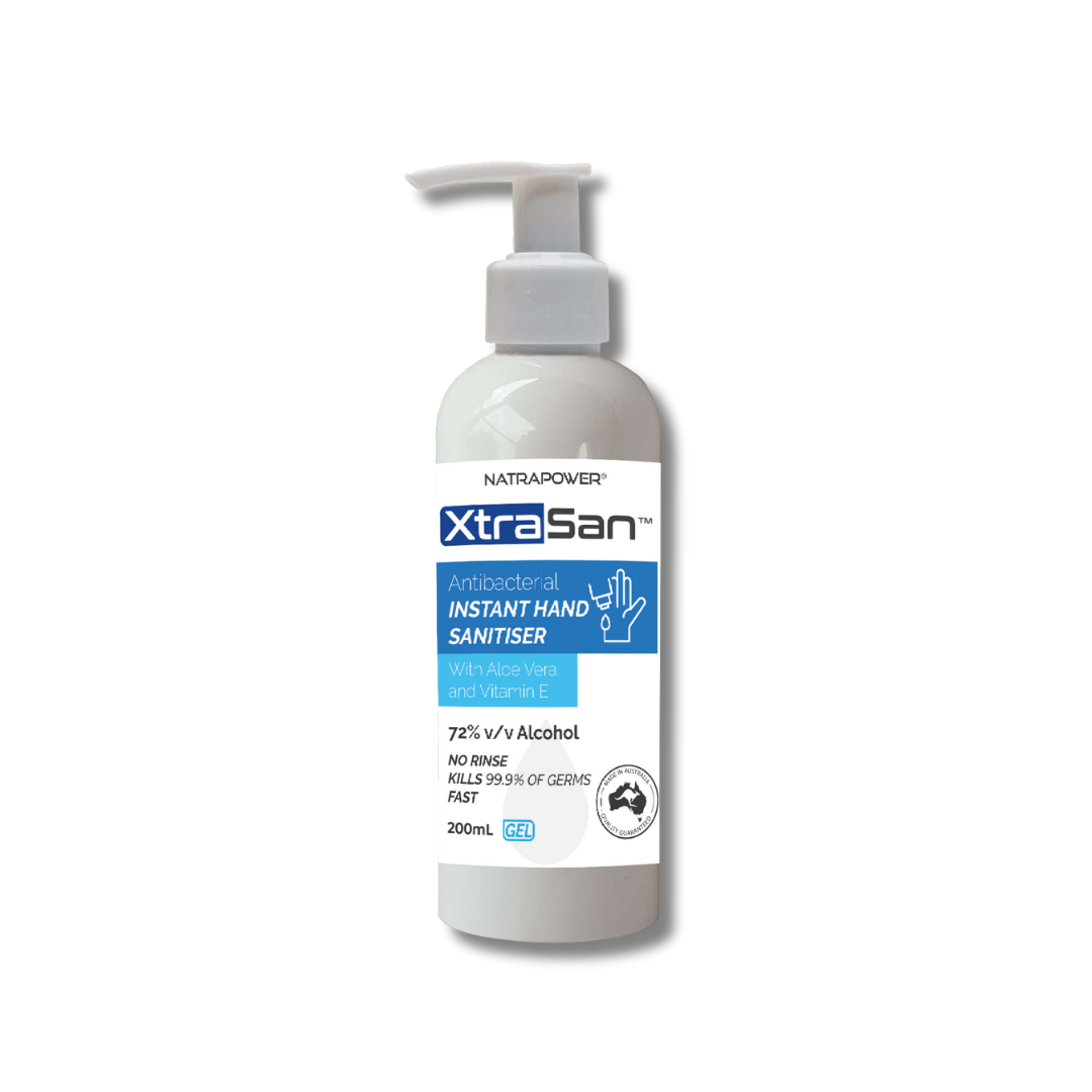 NatraPower XtraSan Anti-Bacterial Hand Sanitiser Gel 72% Alcohol – kills 99.99% germs, Aloe Vera & Vitamin E, Australian-made.