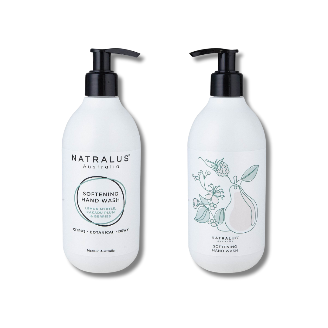Softening Hand Wash Lemon Myrtle &amp; Kakadu Plum by Natralus – natural Australian hand wash with coconut-derived cleansers, sulphate-free formula, citrus and woody fragrance, ultra-stylish peel &amp; reveal packaging, perfect for sink or benchtop décor