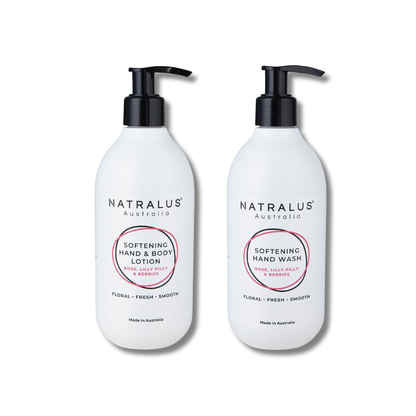 Natralus Softening Hand Wash &amp; Lotion Duo Rose &amp; Lilly Pilly – natural Australian skincare with superfoods, coconut oil and botanicals for nourished, soft and refreshed hands – stylish 300ml bathroom duo