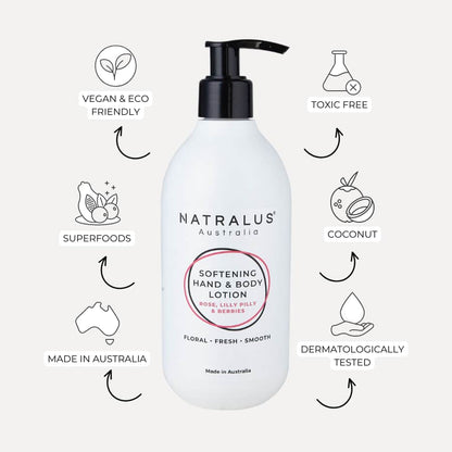 Sulfate-free Softening hand and body lotion with rose, lilly pilly, and berries