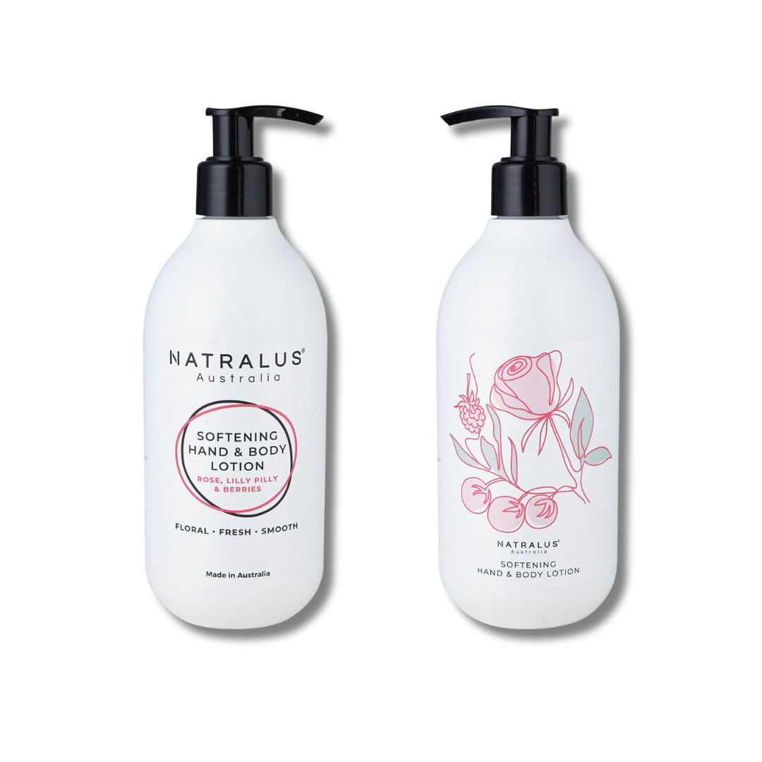 Natralus Softening Hand &amp; Body Lotion Rose Lilly Pilly &amp; Berries – natural Australian skincare with rose, lilly pilly and berry blend. Hydrating lotion for dry skin, free from parabens and harsh chemicals. Stylish bathroom décor, cruelty-free, made for Australian conditions.