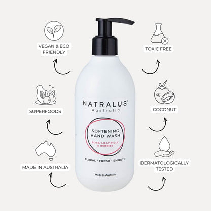 Sulfate-free softening hand wash with rose and lilly pilly fragrance for sensitive skin
