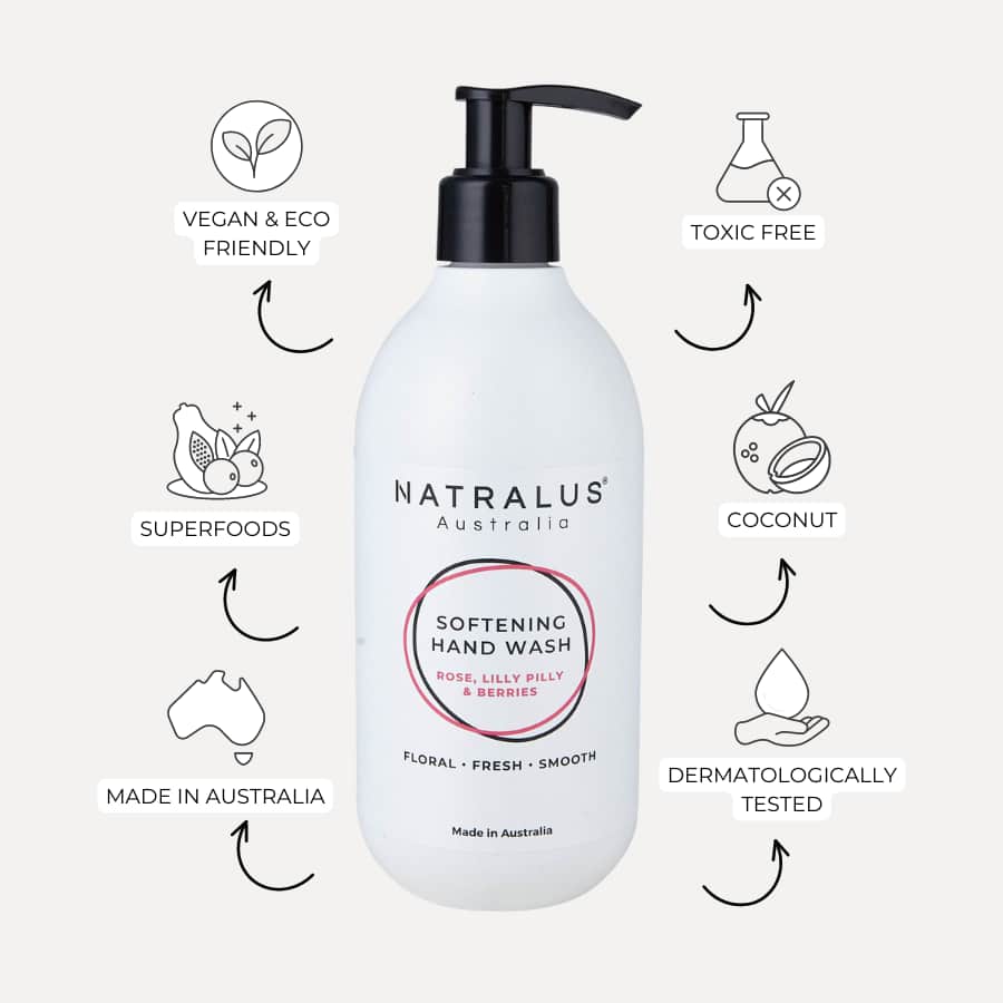 Softening hand wash and lotion duo with rose and lilly pilly