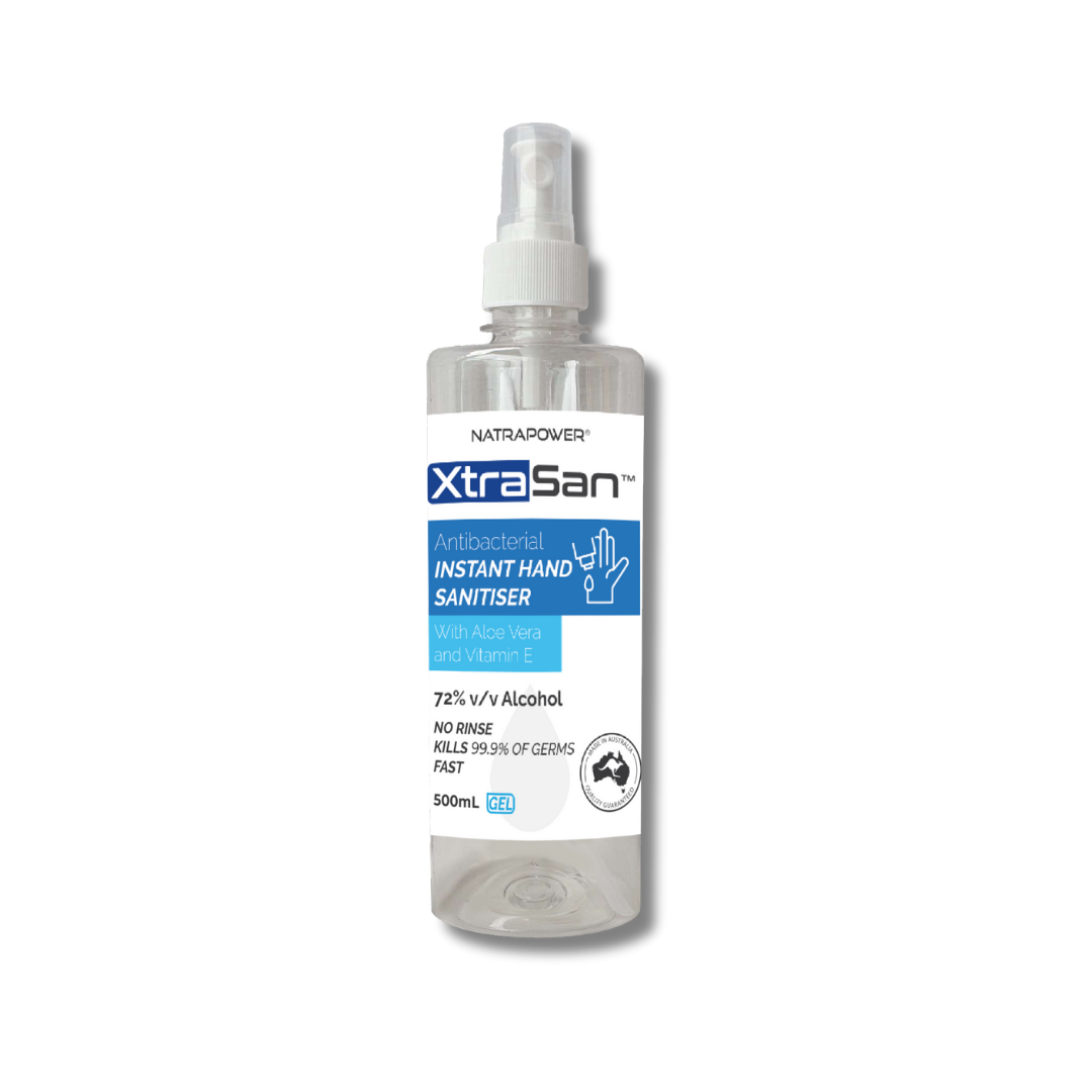 XtraSan 72% Alcohol Hand Sanitiser Gel by NatraPower – fast germ protection, moisturising with Aloe Vera & Vanilla, trusted in Australia.